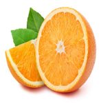 Perfectly retouched half of the orange with slice and leaves isolated on white background with clipping path